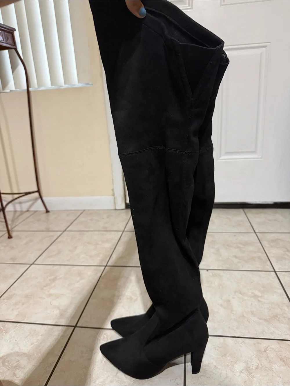 Black Suede Knee-High Pointed Toe Boots with Side Zippers